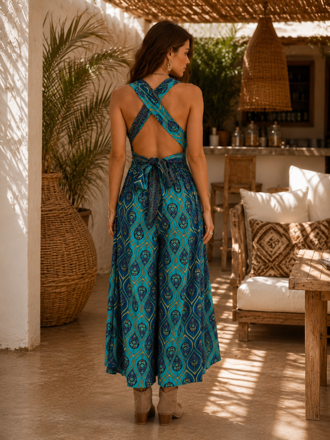 Calypso İpek Karışımlı Madalyon Desenli Akışkan Tulum