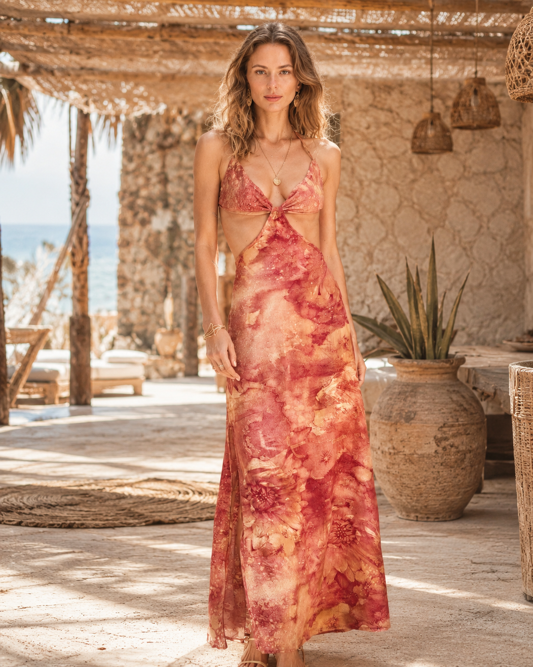 İpek Karışımlı Sırt Dekolteli Cut-Out Maxi Elbise