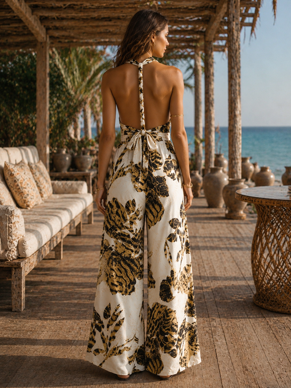 Halter yaka geniş paça bağlamalı ipek tulum arkadan görünüm bel bağlaması detayı bej