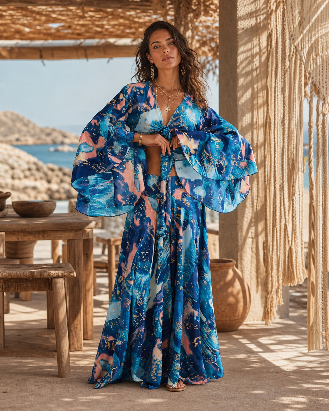 Canlı aqua mavisi ve pembe soyut mermer desenli, İspanyol kollu ve önden bağlamalı lüks ipek crop bluz etek takımının model üzerinde ön görünümü.